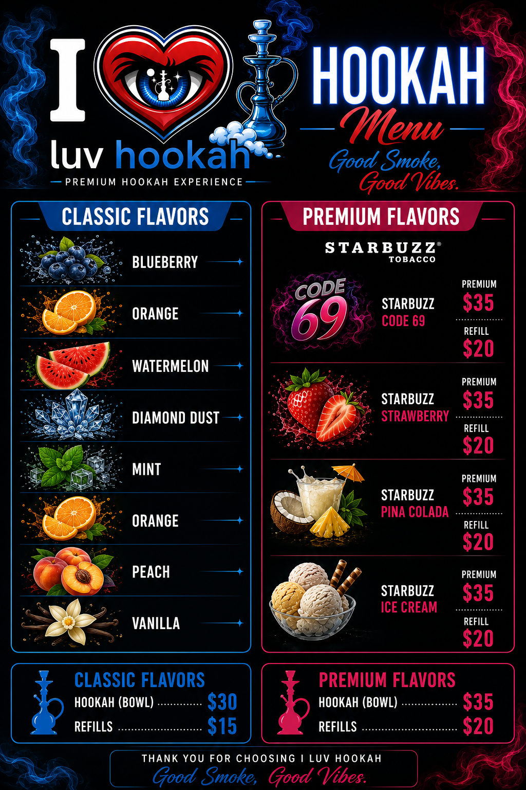 I Love Hookah flavor menu